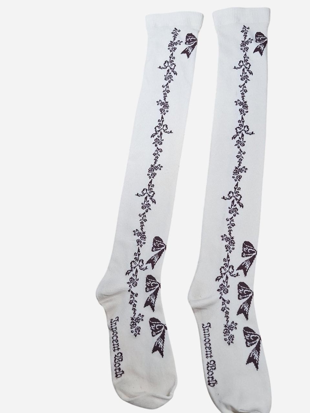 Innocent World Ivory Burgundy Bow Floral Garland OTK Socks | Classic Lolita